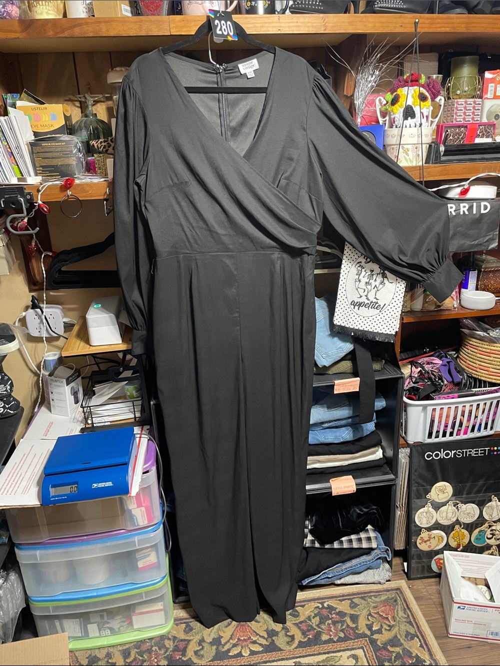 #280 xl/14 Unique Vintage Black Long-Sleeve Wrap look Jumpsuit